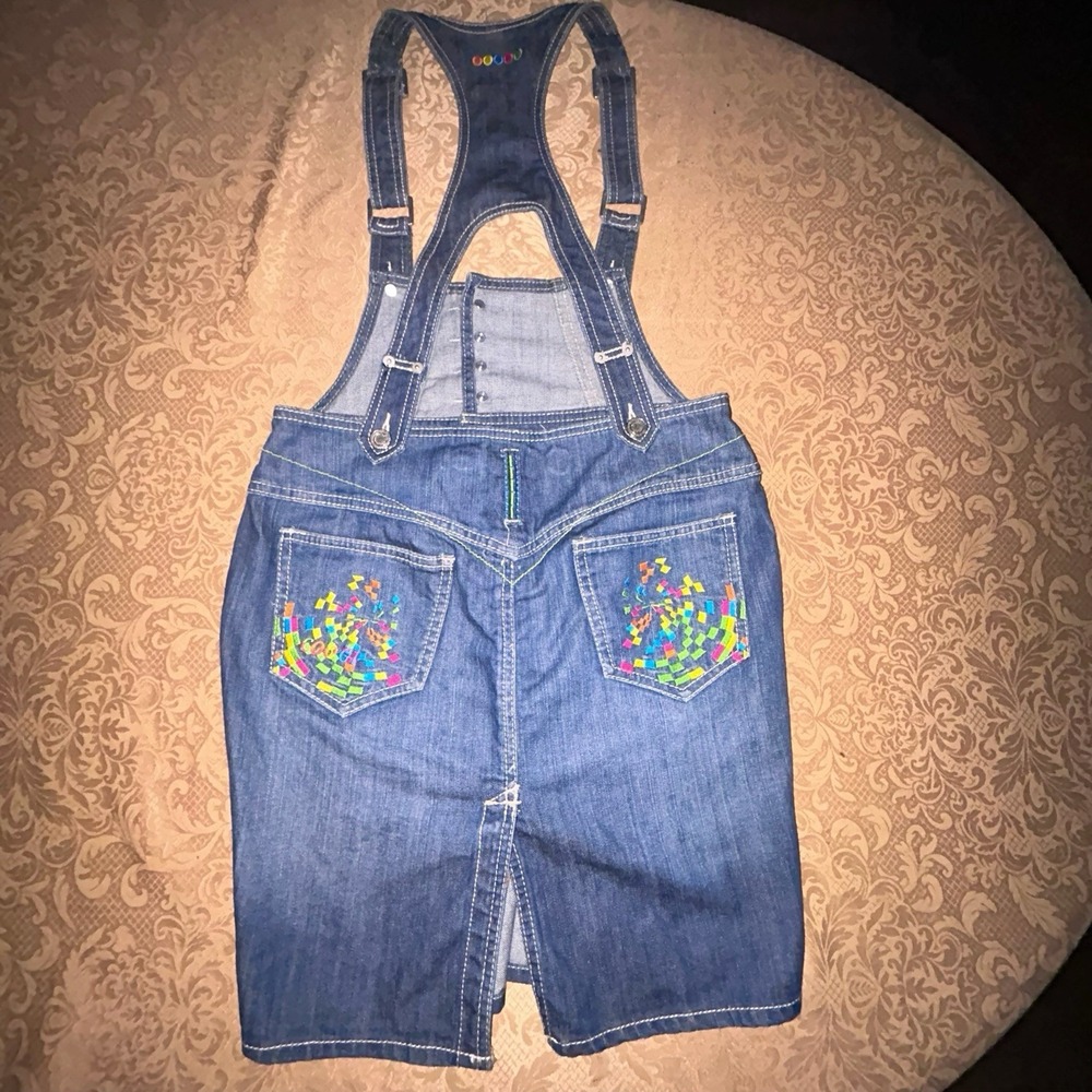 Vtg COOGI Jeans Womens 7/8 Denim Overalls Dress Rainbow Embroidery Y2K GUC - Picture 3 of 11